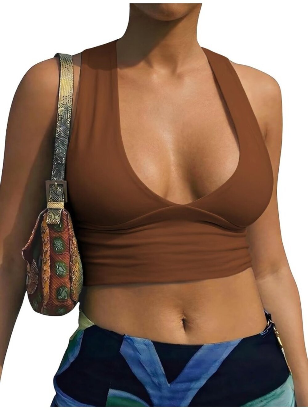 Women's Brown Back Plunge Racer Back Cutout V Neck  Pull On Sleeveless Crop Tops